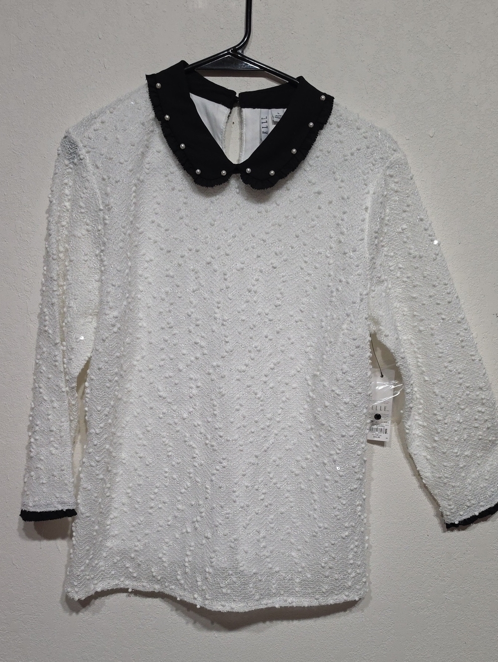 Elle Black Collar Sweater with White Body and Pearl Accents